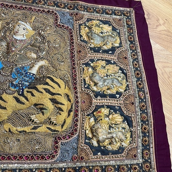 Burmese Kalaga Large Tapestry Tigers Dragons Riders 40” x 23” Handmade in Burma - Picture 11 of 13